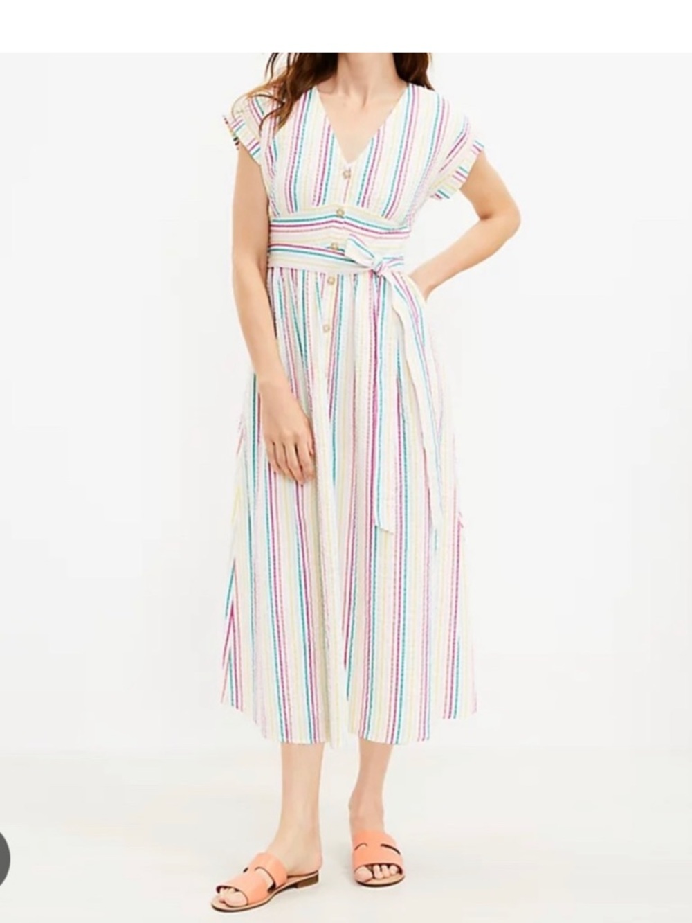 LOFT Multi-Stripe rainbow seersucker V-Neck Tie-Waist Midi Dress 2